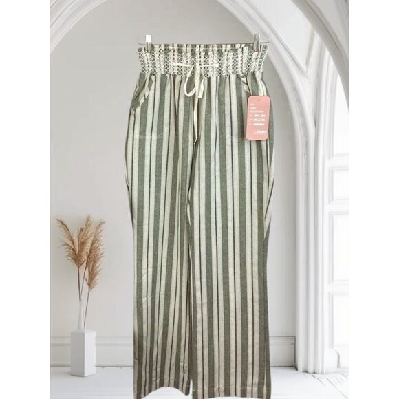 Ci Sono Ivory & Sage Green Serena Striped Casual Drawstring Pants Lg 34/36 X31 - Picture 1 of 5